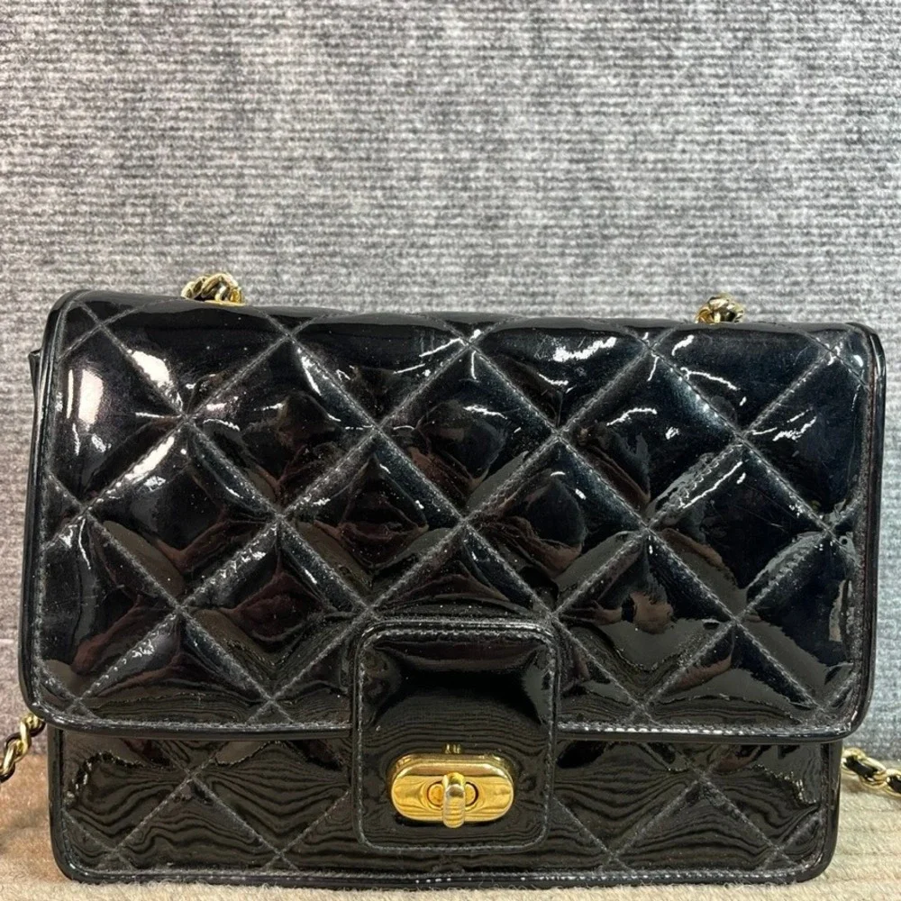 Giani Bernini Black Quilted Patent Leather Crossbody Bag Gold Chain Strap